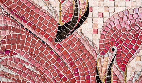 Flamingo floor mural at the Sugarplume specialty chocolate stop in PGA National Resort.